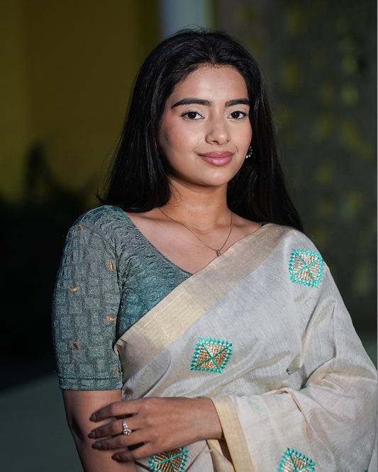 Sona Sea Green Foil Checkered Resham Work Saree Blouse Advi