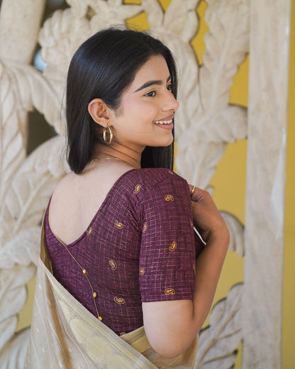 Sona Wine Foil Checkered Resham Work Saree Blouse Advi