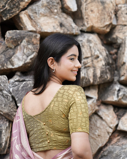 Sona  Mehendi Green Foil Checkered Resham Work Saree Blouse Advi
