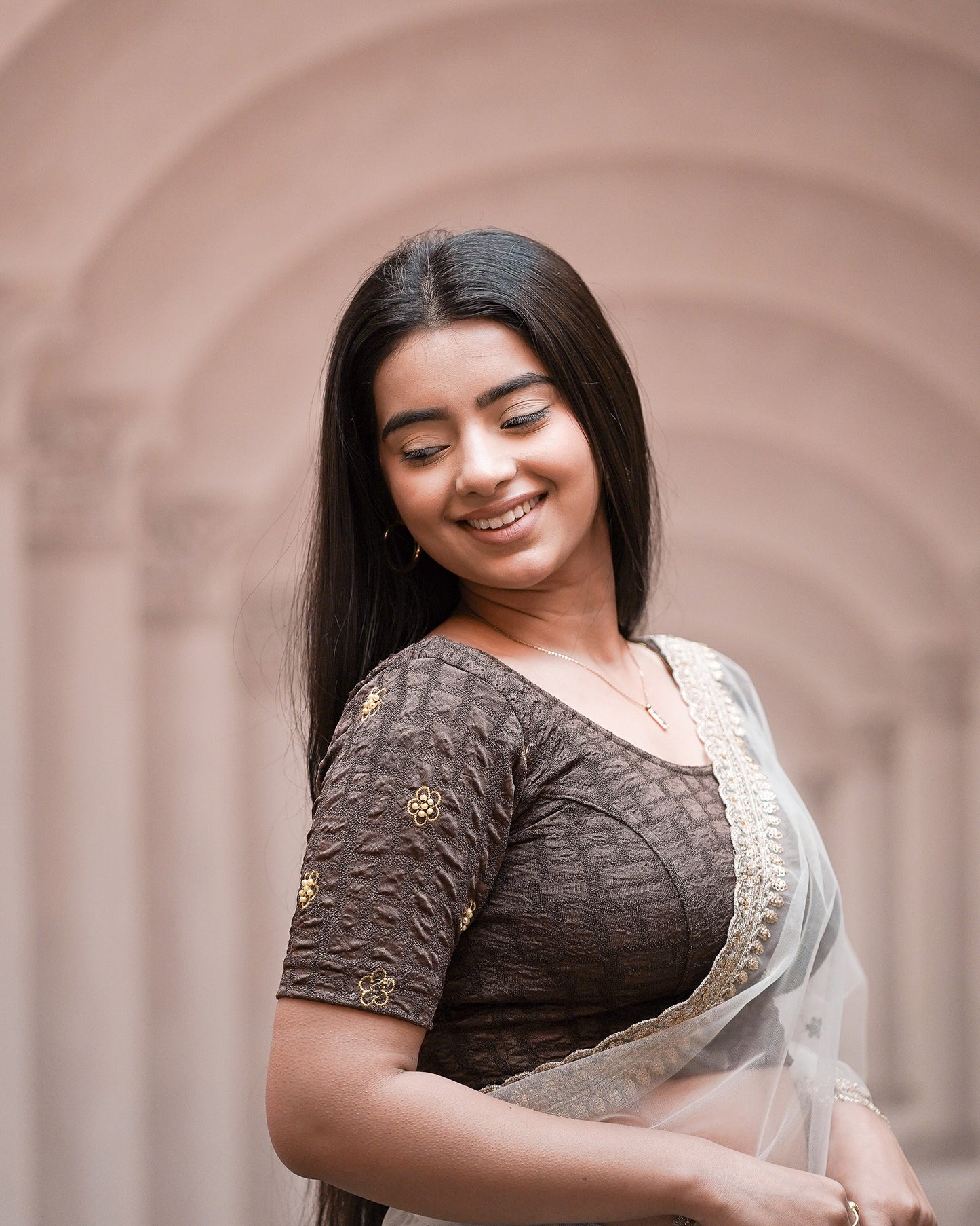 Meena Coffee Pearl Embroidered Festive Saree Blouse Advi