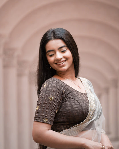 Meena Coffee Pearl Embroidered Festive Saree Blouse Advi