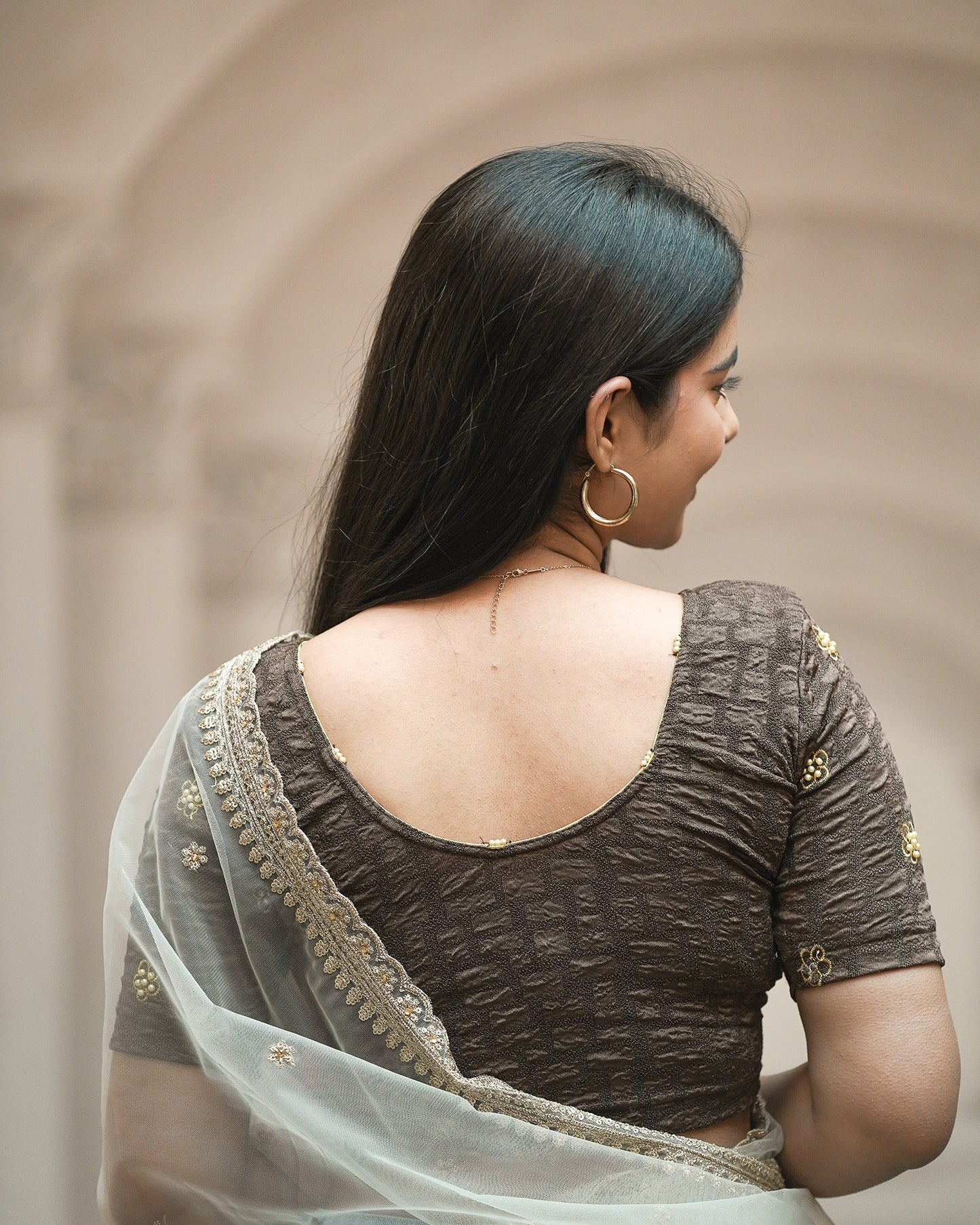 Meena Coffee Pearl Embroidered Festive Saree Blouse Advi