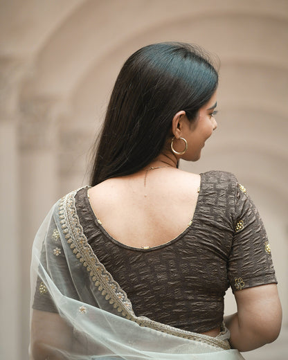 Meena Coffee Pearl Embroidered Festive Saree Blouse Advi
