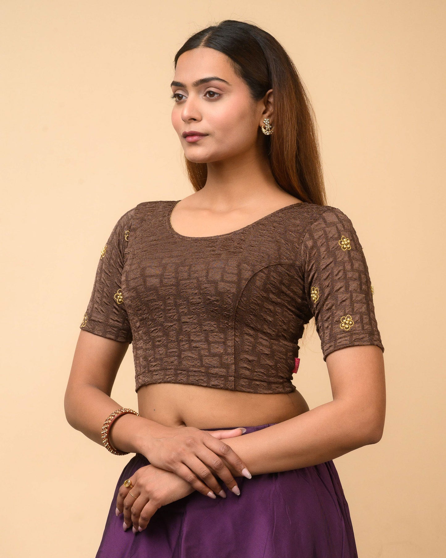 Meena Coffee Pearl Embroidered Festive Saree Blouse Advi