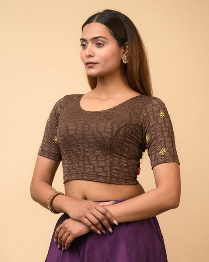 Meena Coffee Pearl Embroidered Festive Saree Blouse Advi