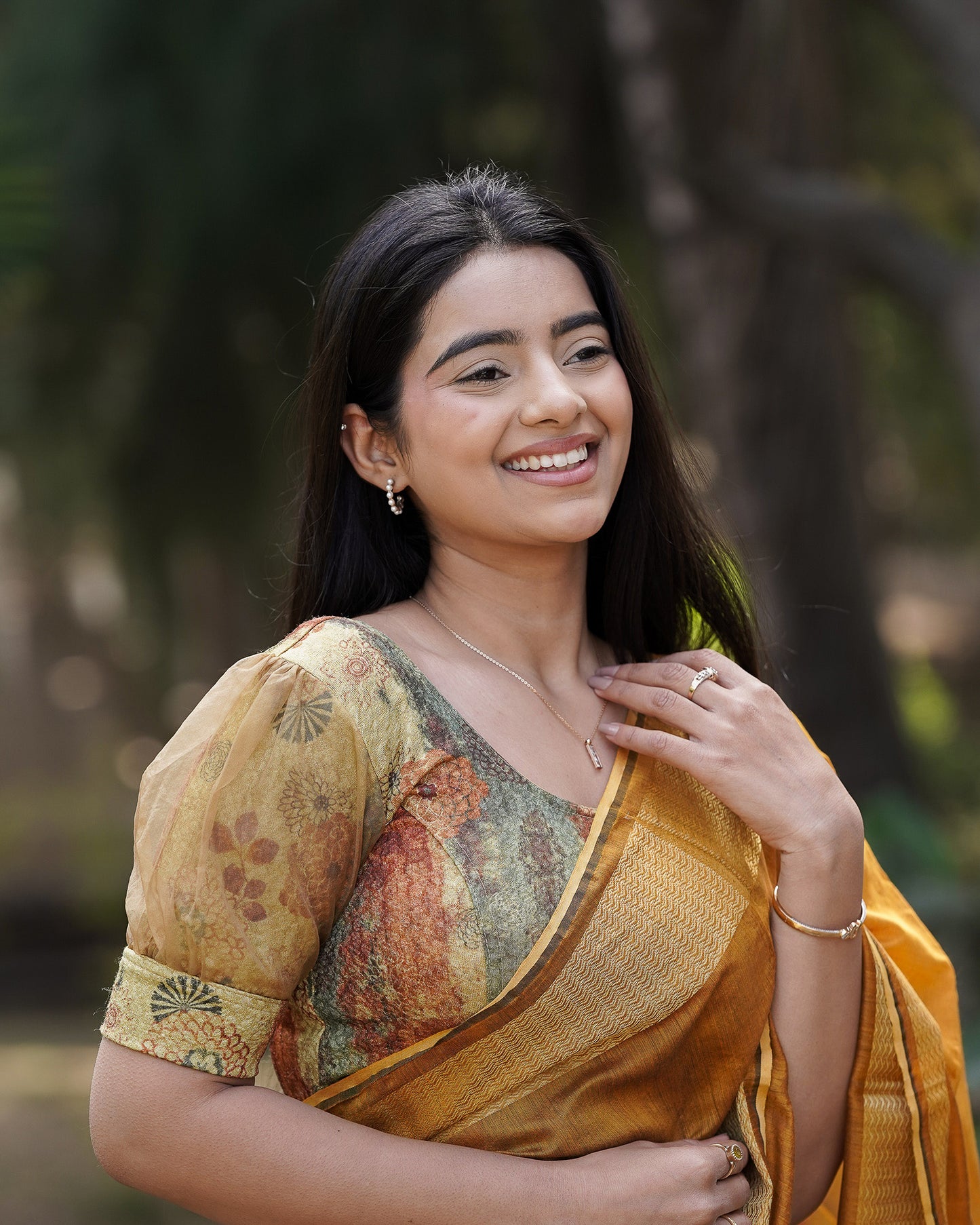 Jamuna Multi Mustard Organza Puff Blouse