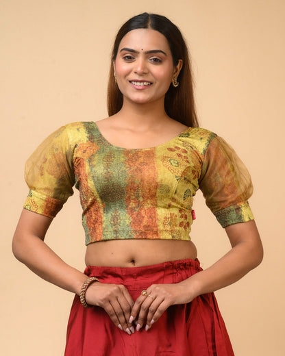 Jamuna Multi Mustard Organza Puff Blouse