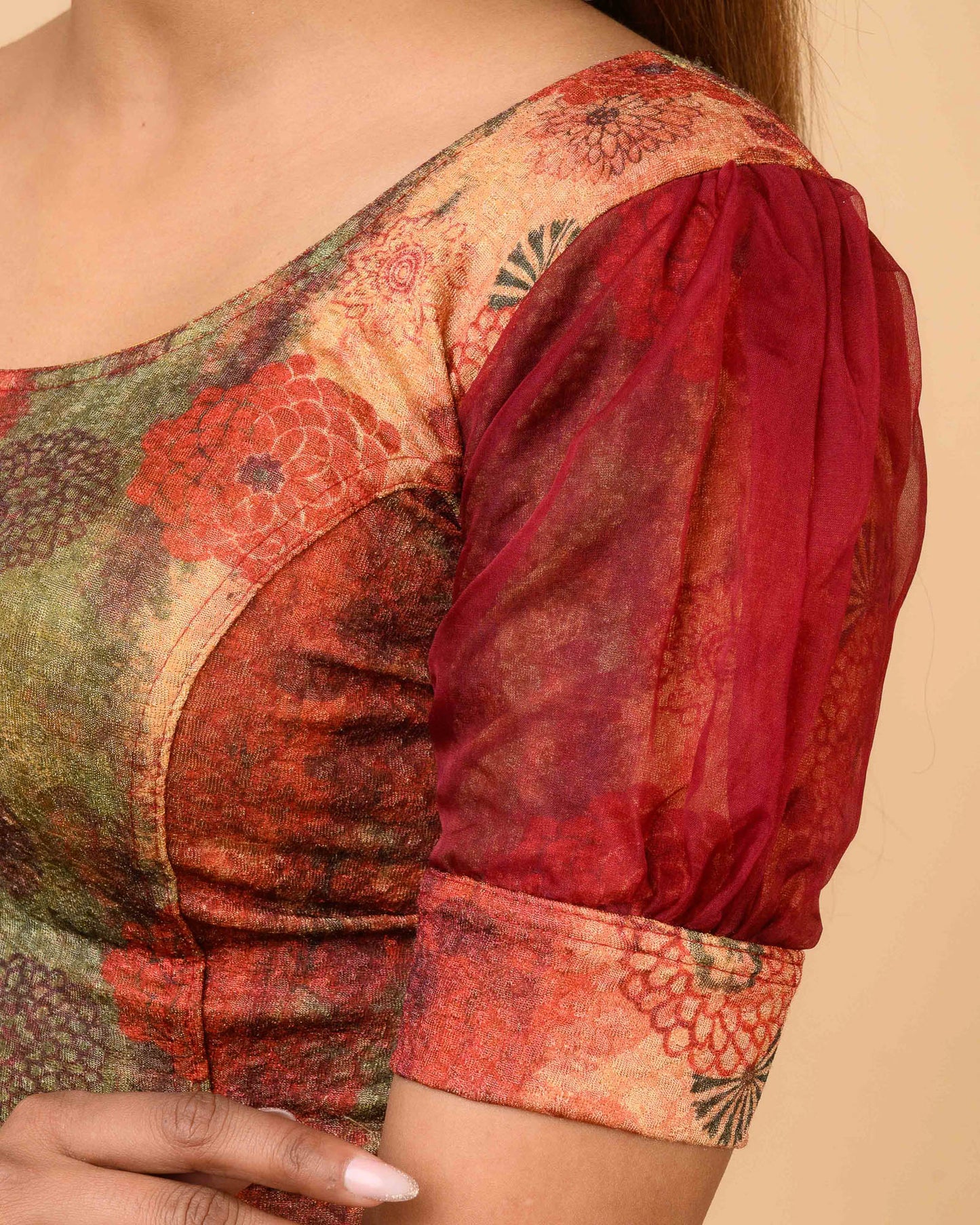 Jamuna Multi Maroon Organza Puff Blouse