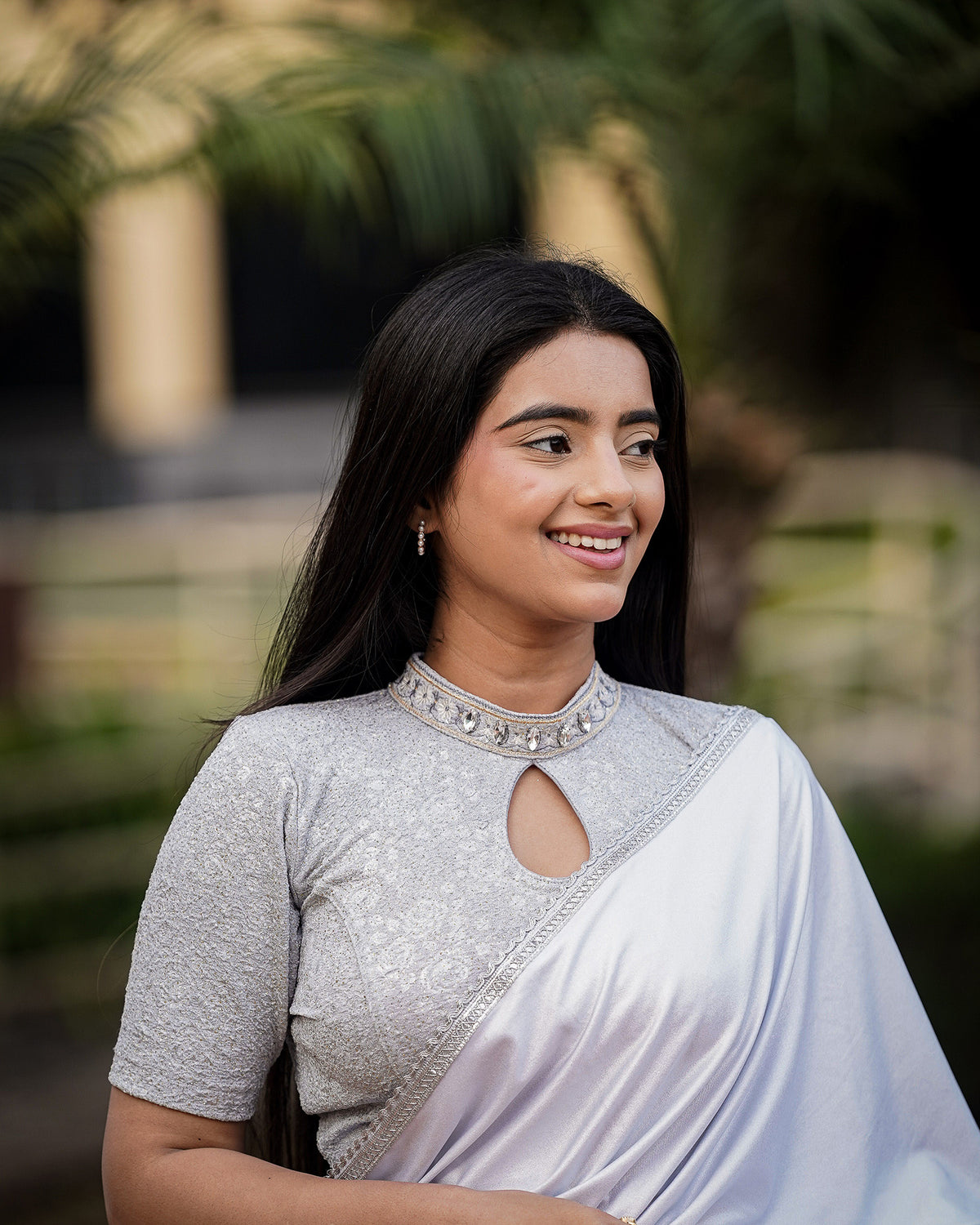 Gauravi Gray Crystal Stone Choker Blouse