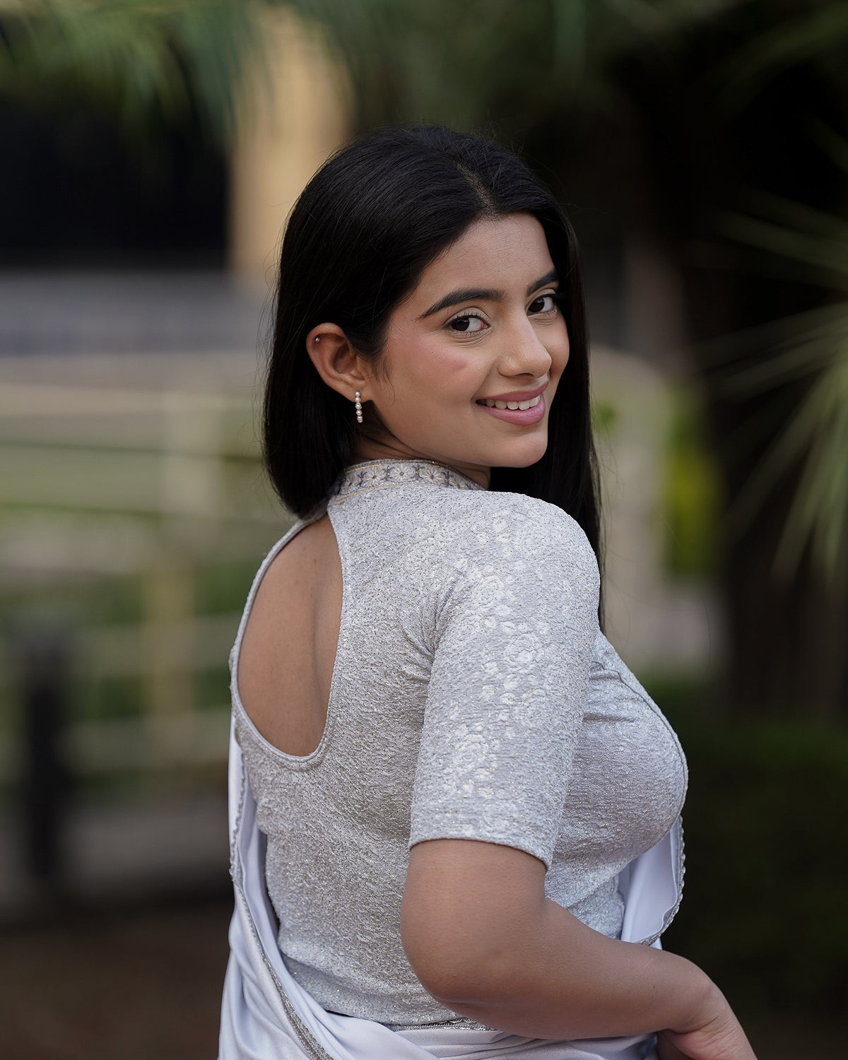 Gauravi Gray Crystal Stone Choker Blouse