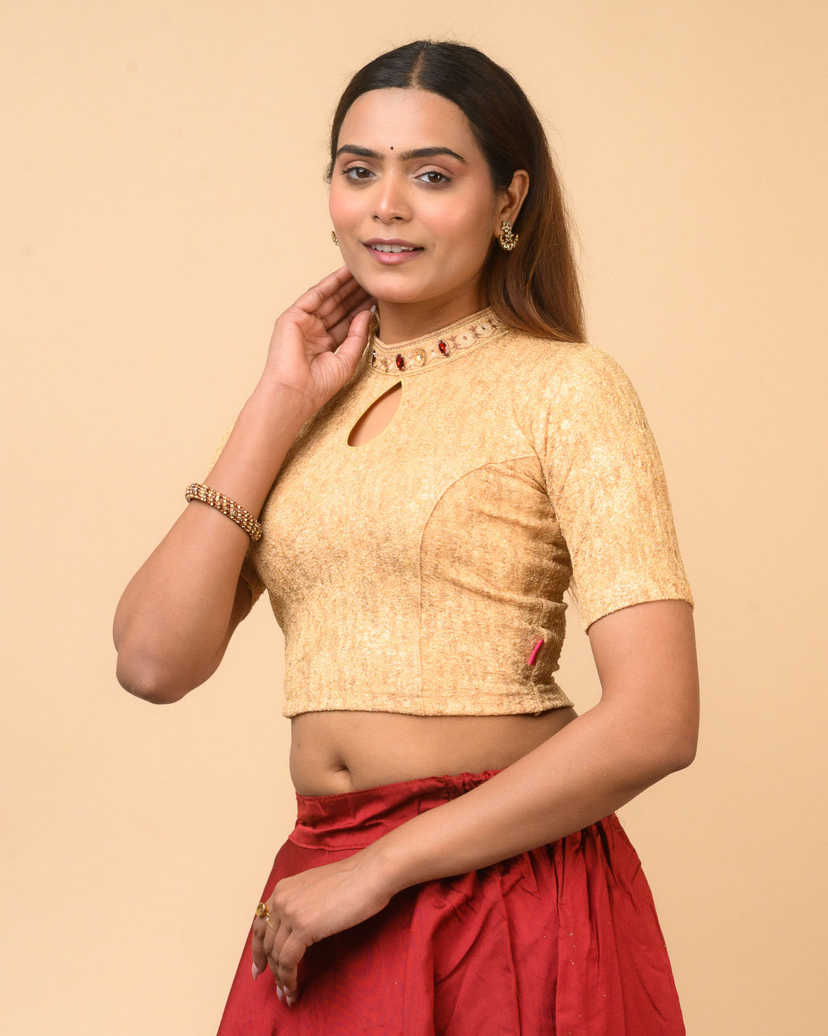 Gauravi Fawn Crystal Stone Choker Blouse