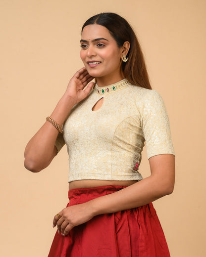 Gauravi Cream Crystal Stone Choker Blouse