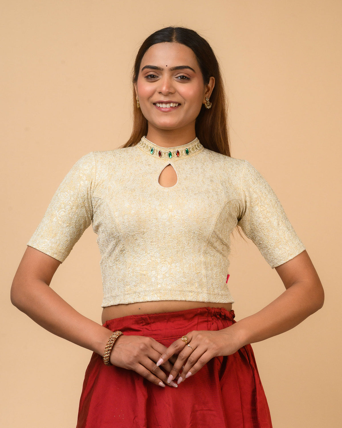 Gauravi Cream Crystal Stone Choker Blouse
