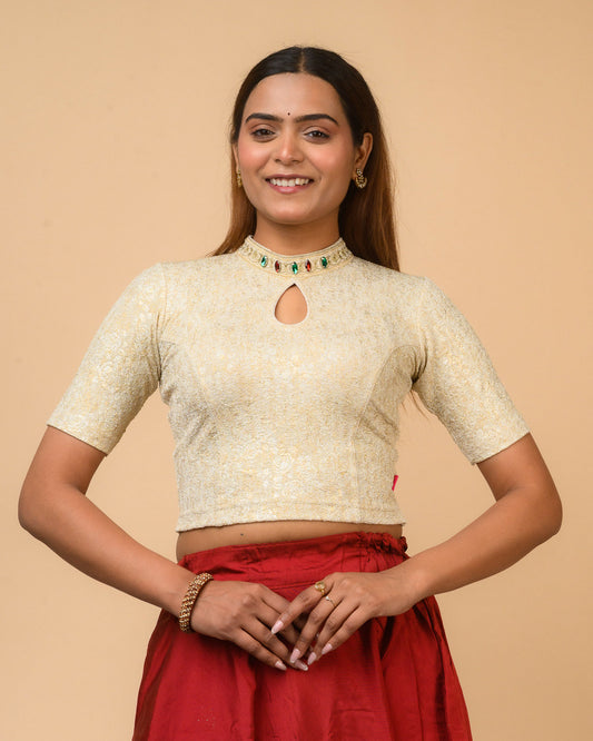Gauravi Cream Crystal Stone Choker Blouse