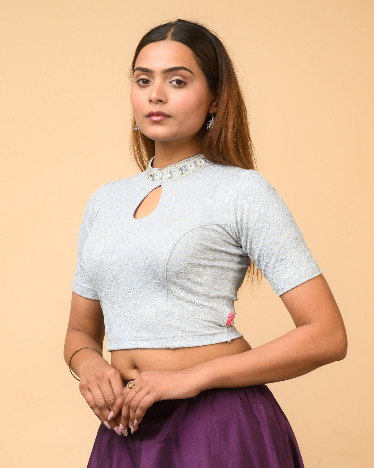 Gauravi Gray Crystal Stone Choker Blouse