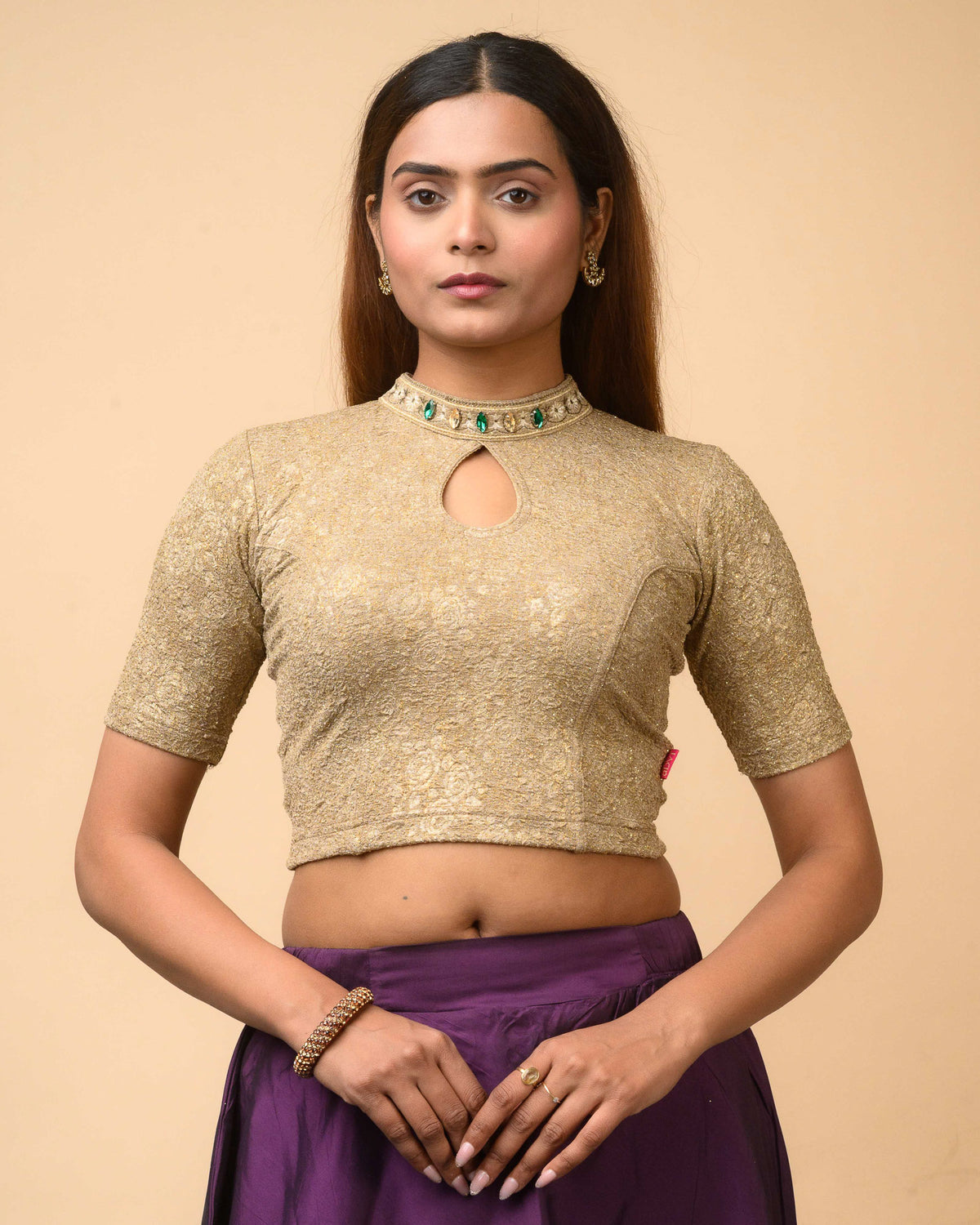 Gauravi Wood Brown Crystal Stone Choker Blouse