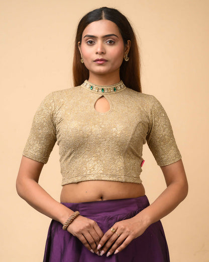 Gauravi Wood Brown Crystal Stone Choker Blouse