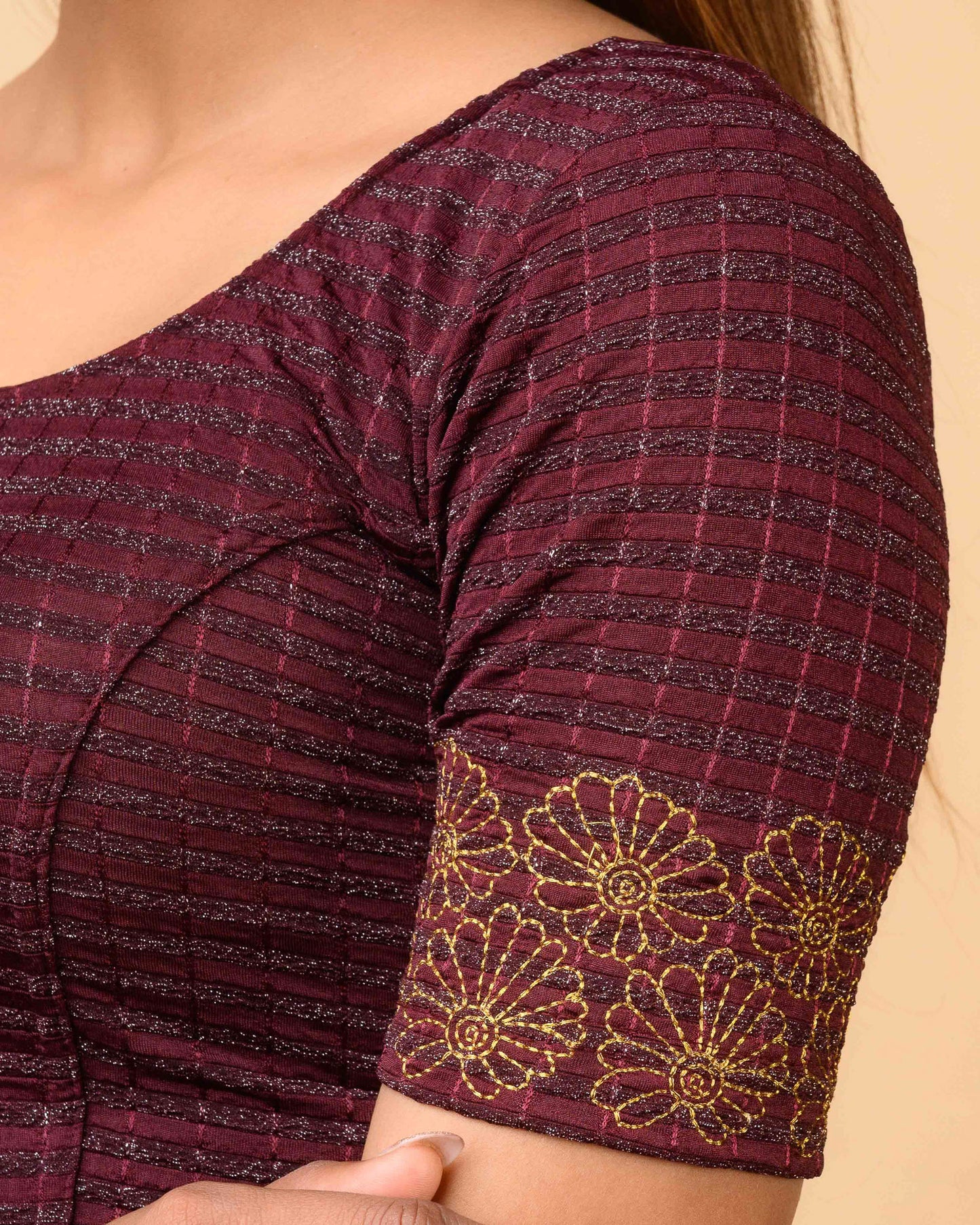 Pranjal Wine Floral Embroidery Blouse