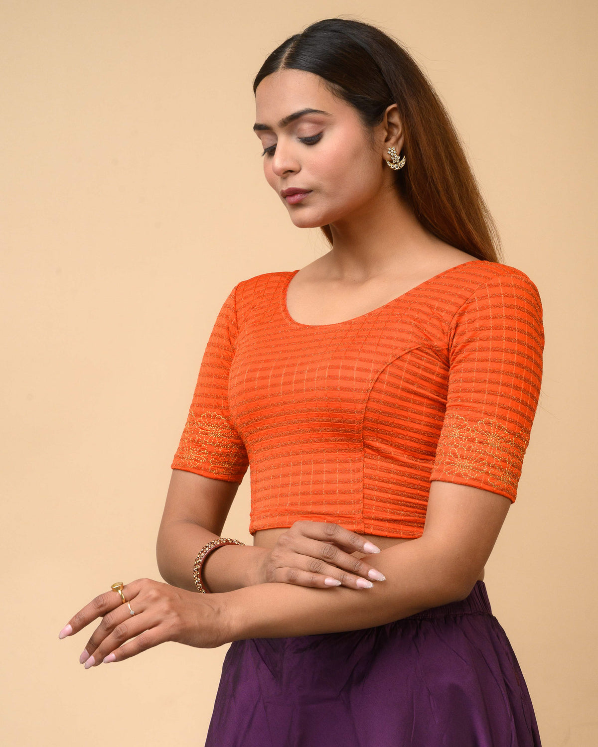 Pranjal Orange Floral Embroidery Blouse