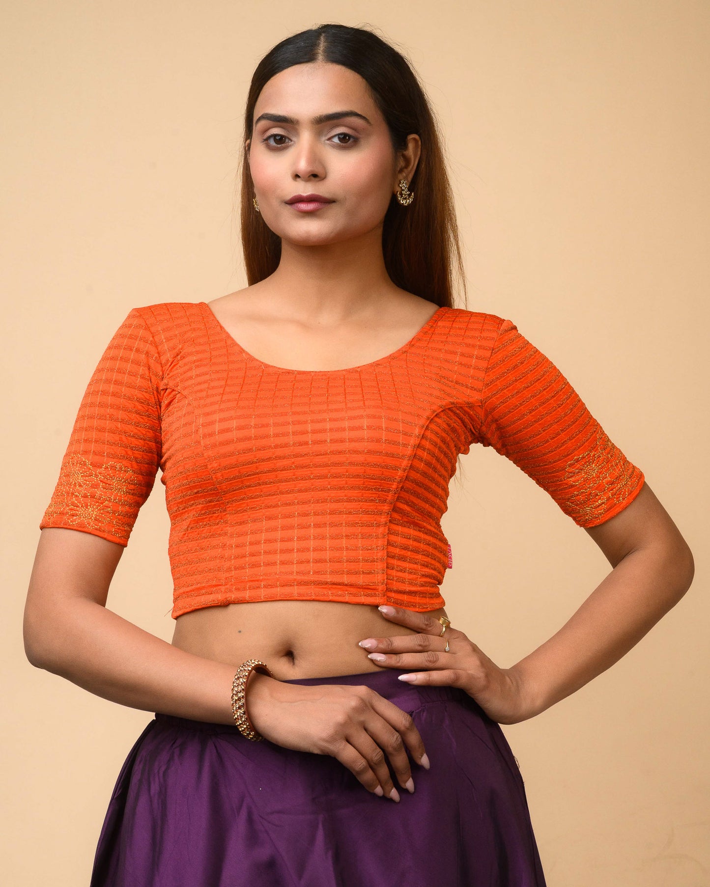 Pranjal Orange Floral Embroidery Blouse