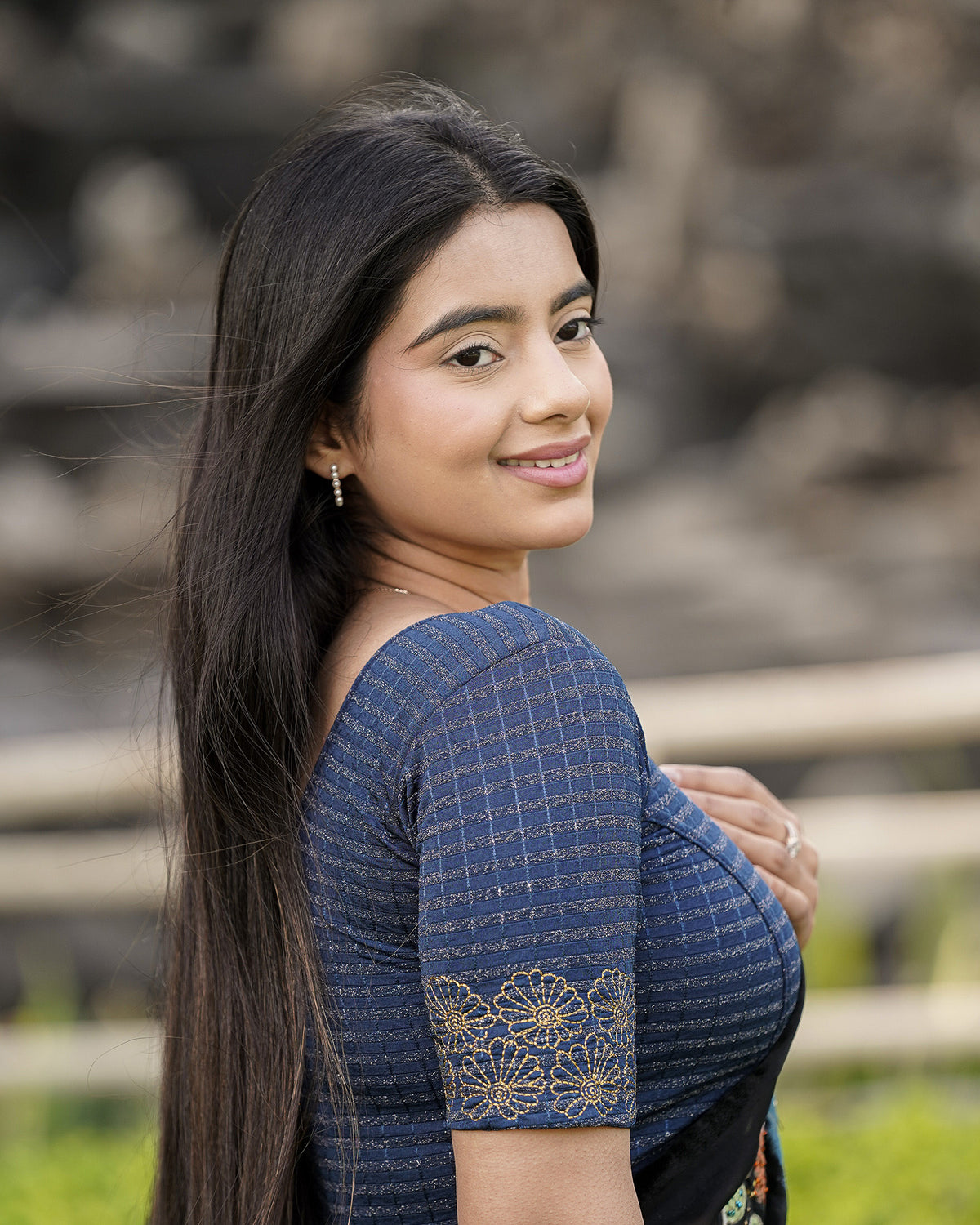 Pranjal Navy Floral Embroidery Blouse