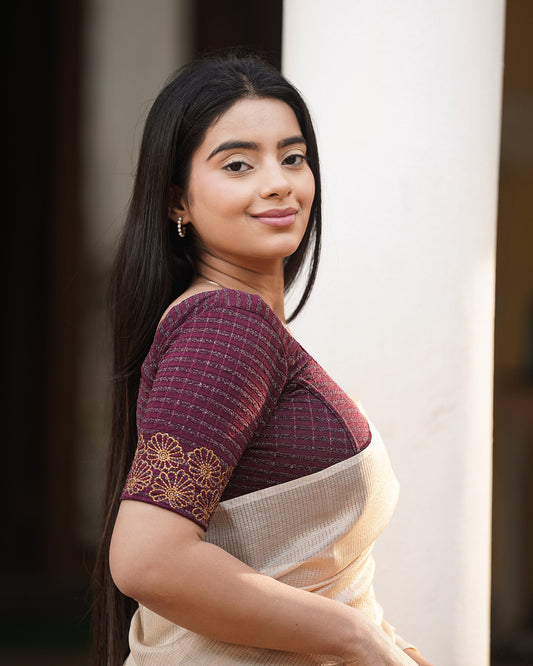 Pranjal Wine Floral Embroidery Blouse