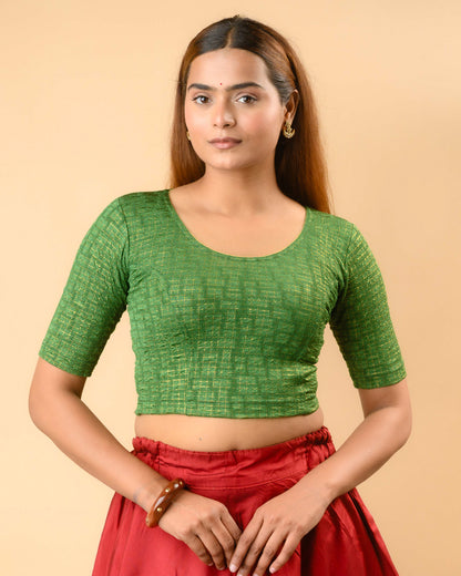 Padmaja Bottle Green stretchable blouse with round neck and gold check jacquard by Advi - front