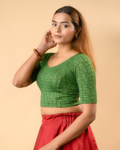 Padmaja Bottle Green stretchable blouse showing the lotus cutout Side by Advi - Side