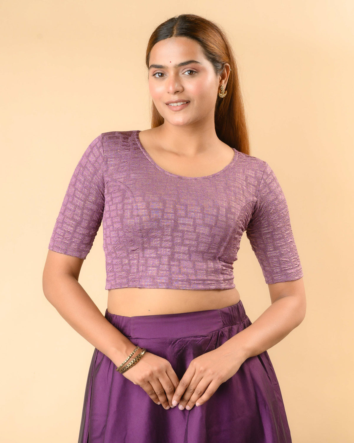 Padmaja Dark Lavender stretchable blouse with round neck and gold check jacquard by Advi - front