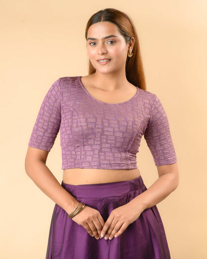Padmaja Dark Lavender stretchable blouse with round neck and gold check jacquard by Advi - front