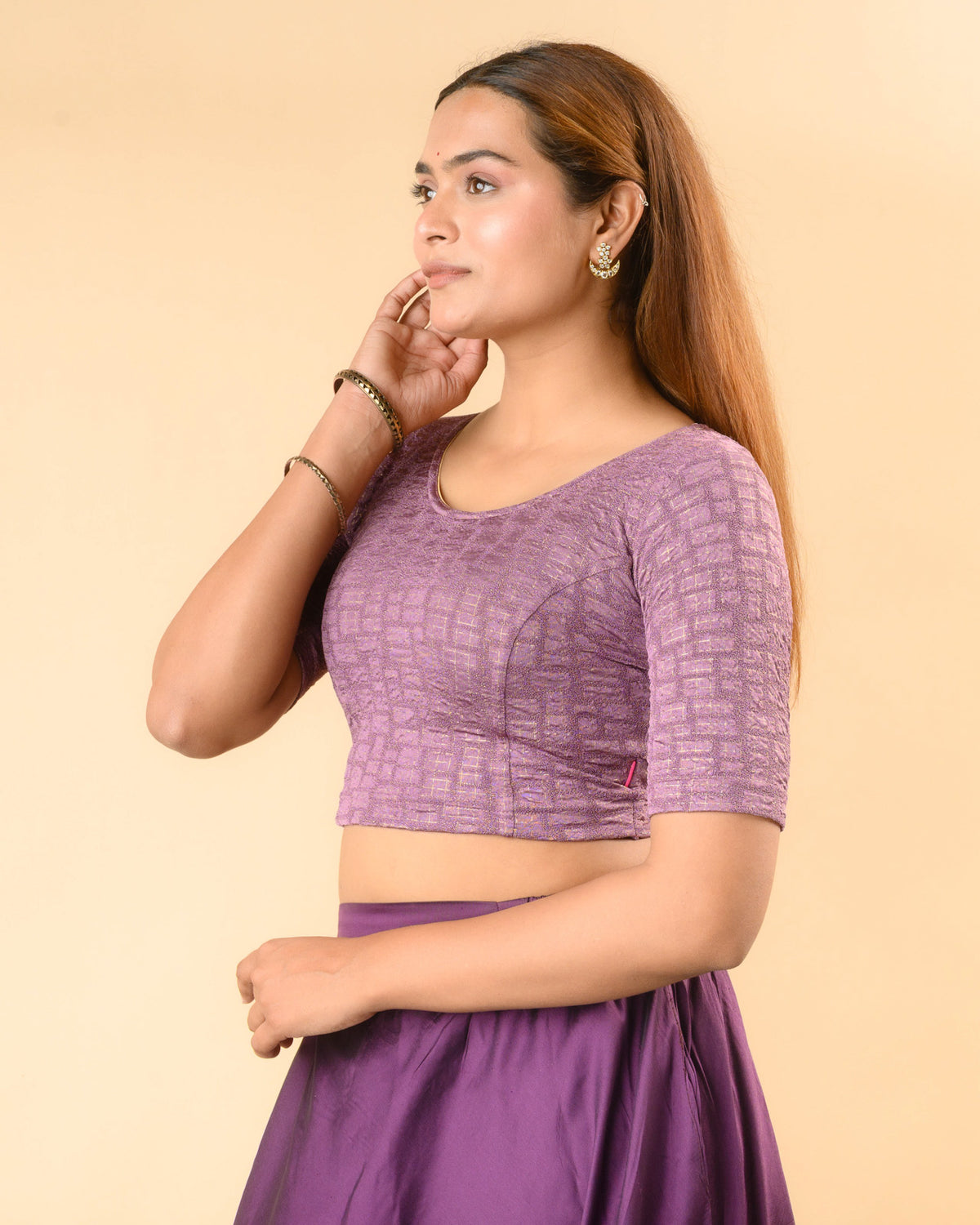 Padmaja Dark Lavender stretchable blouse showing the lotus cutout Side by Advi - Side