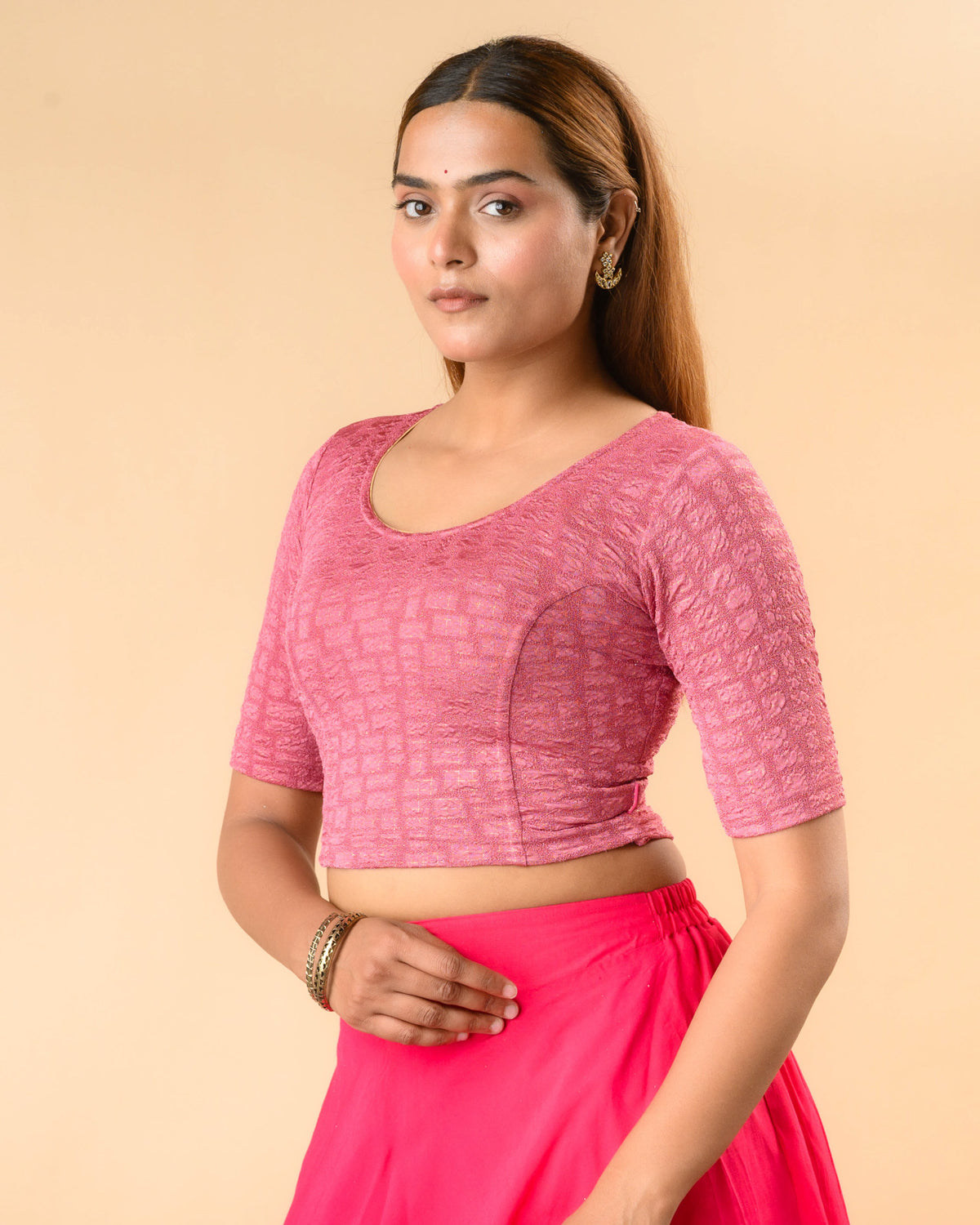 Padmaja Dark Onion stretchable blouse showing the lotus cutout Side by Advi - Side