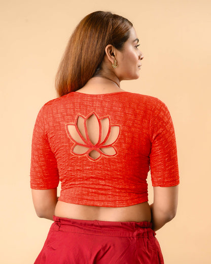 Padmaja Dark Red stretchable blouse showing the lotus cutout back by Advi - back