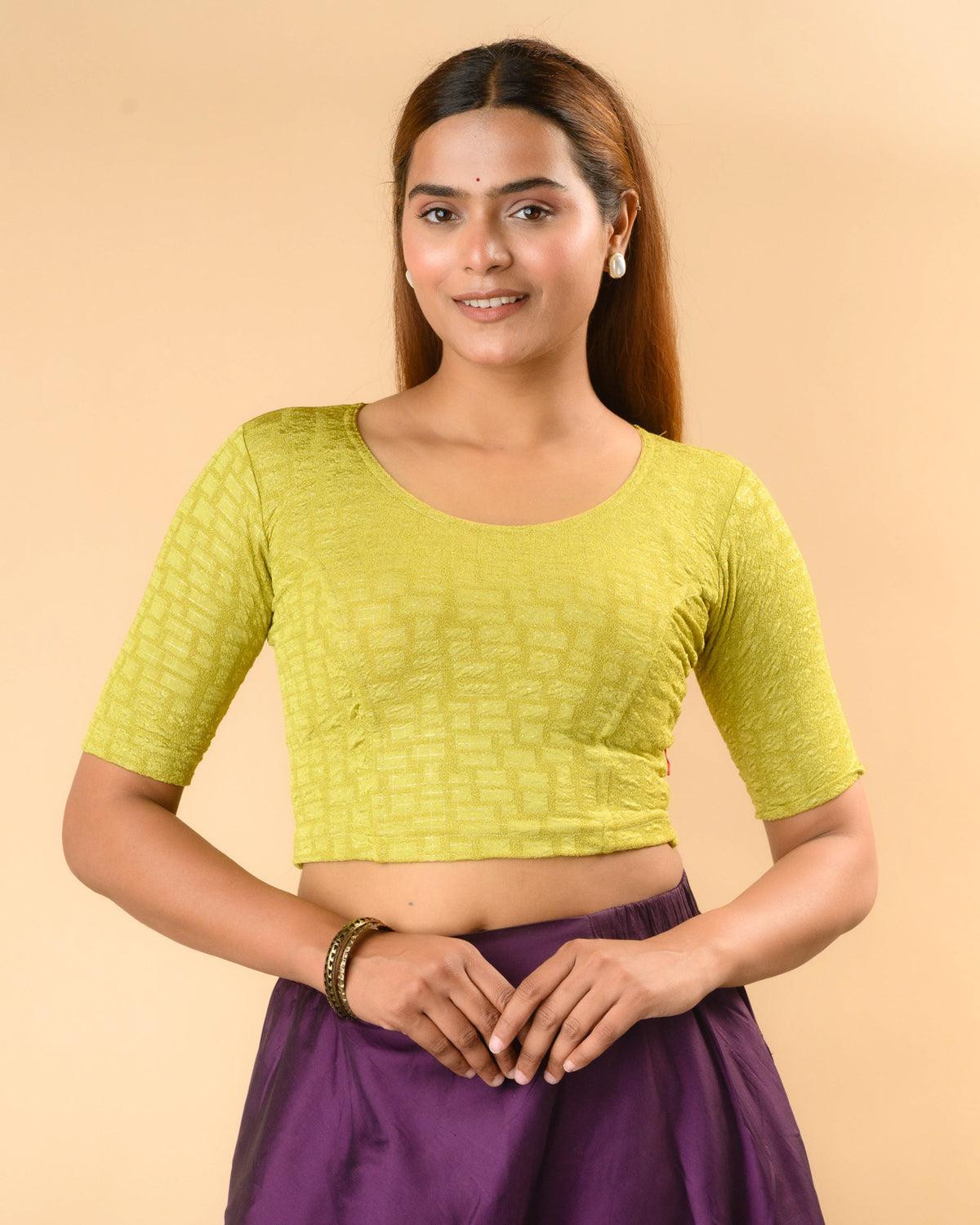 Padmaja Fresh Green stretchable blouse with round neck and gold check jacquard by Advi - front