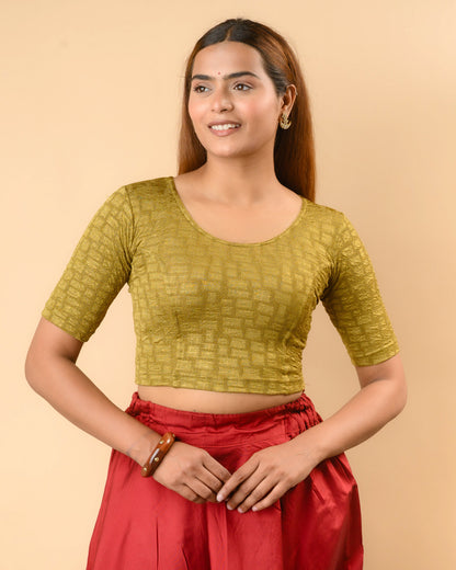 Padmaja Mehendi Green stretchable blouse with round neck and gold check jacquard by Advi - front