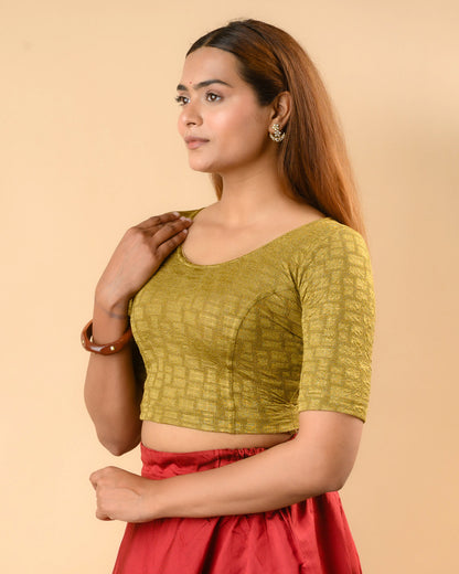 Padmaja Mehendi Green stretchable blouse showing the lotus cutout Side by Advi - Side