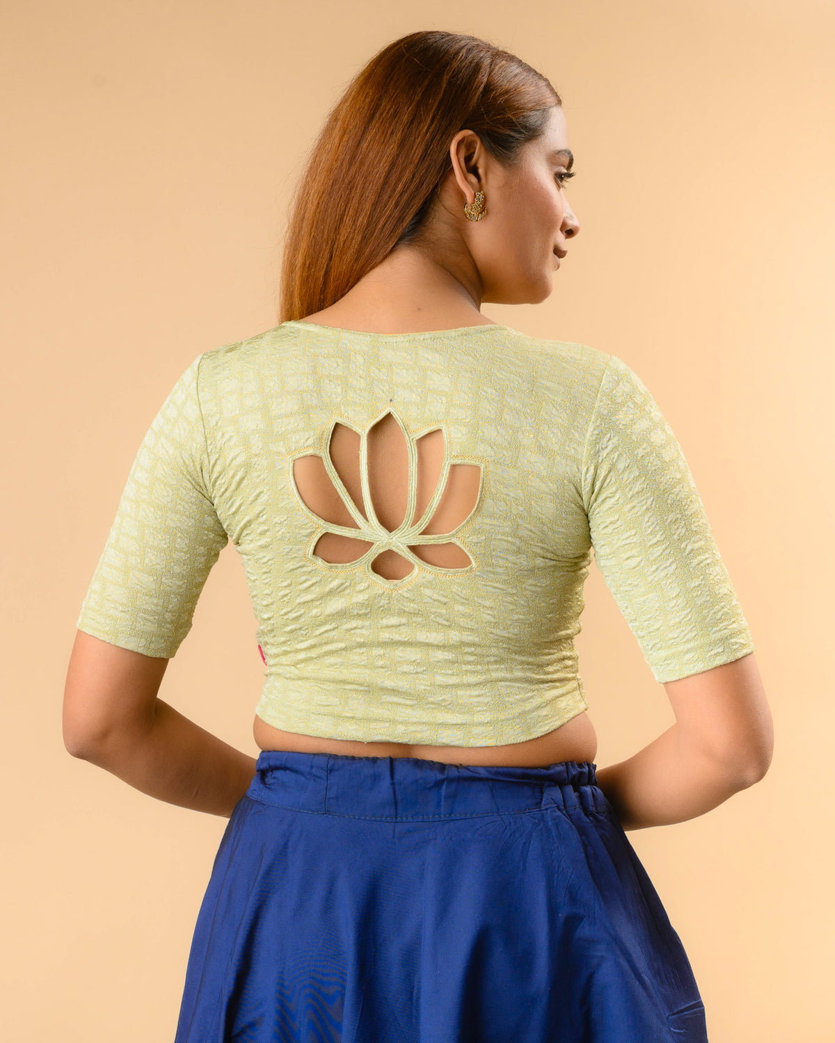 Padmaja Olive Green stretchable blouse showing the lotus cutout back by Advi - back