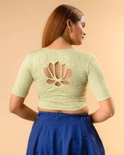 Padmaja Olive Green stretchable blouse showing the lotus cutout back by Advi - back