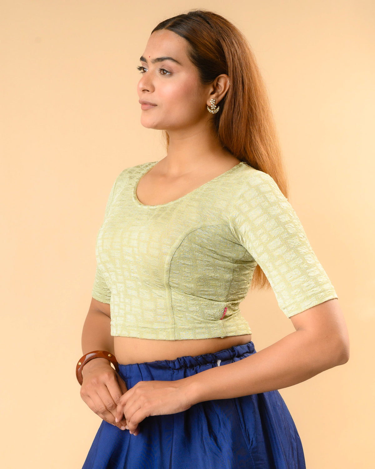 Padmaja Olive Green stretchable blouse showing the lotus cutout Side by Advi - Side