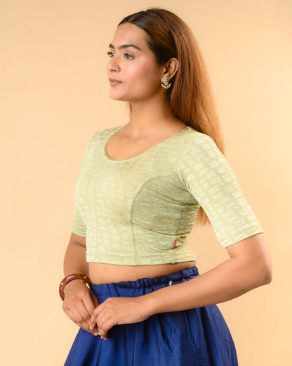 Padmaja Olive Green stretchable blouse showing the lotus cutout Side by Advi - Side