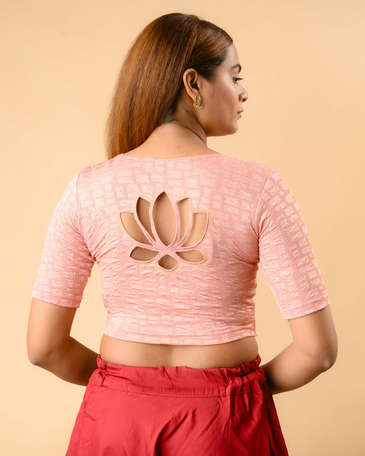 Padmaja Rose stretchable blouse showing the lotus cutout back by Advi - back