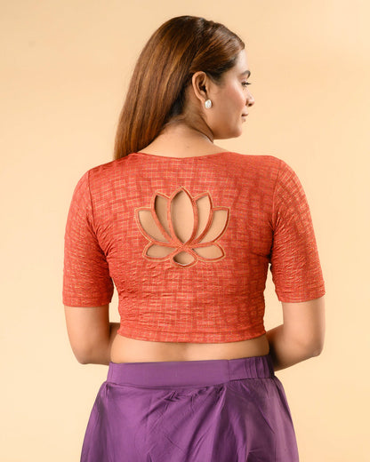 Padmaja Rust stretchable blouse showing the lotus cutout back by Advi - back