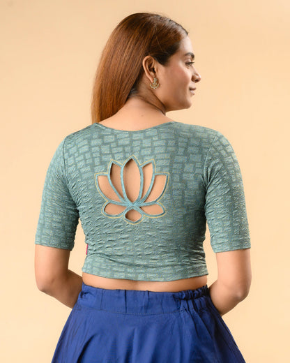 Padmaja Sea Green stretchable blouse showing the lotus cutout back by Advi - back