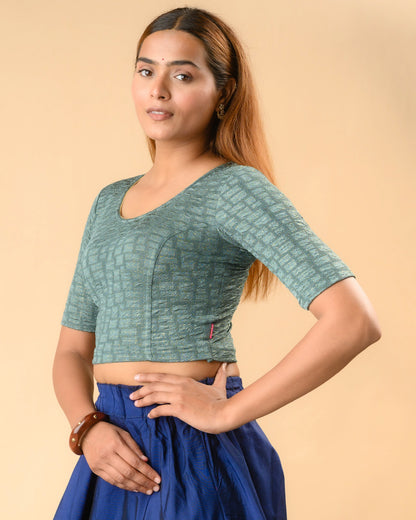 Padmaja Sea Green stretchable blouse showing the lotus cutout Side by Advi - Side