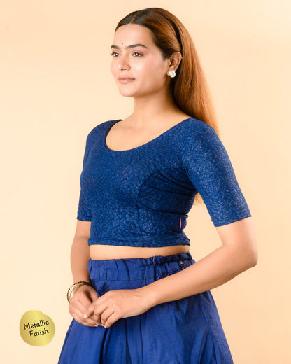 Uttara dark blue metallic jacquard blouse side profile with elbow sleeve by Advi - side