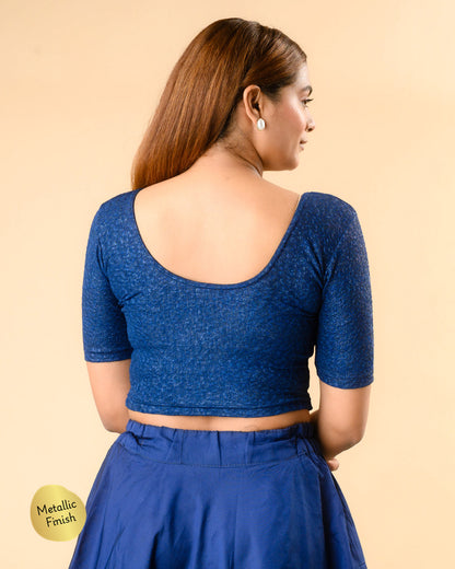 Uttara dark blue metallic jacquard blouse showing deep round back by Advi - back