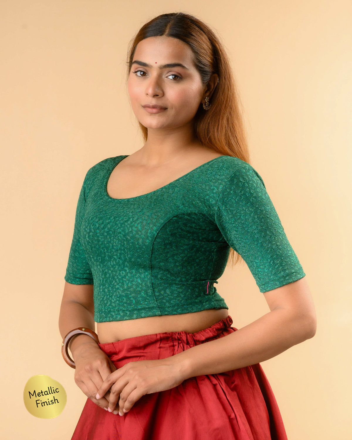 Uttara dark green metallic jacquard blouse side profile with elbow sleeve by Advi - side