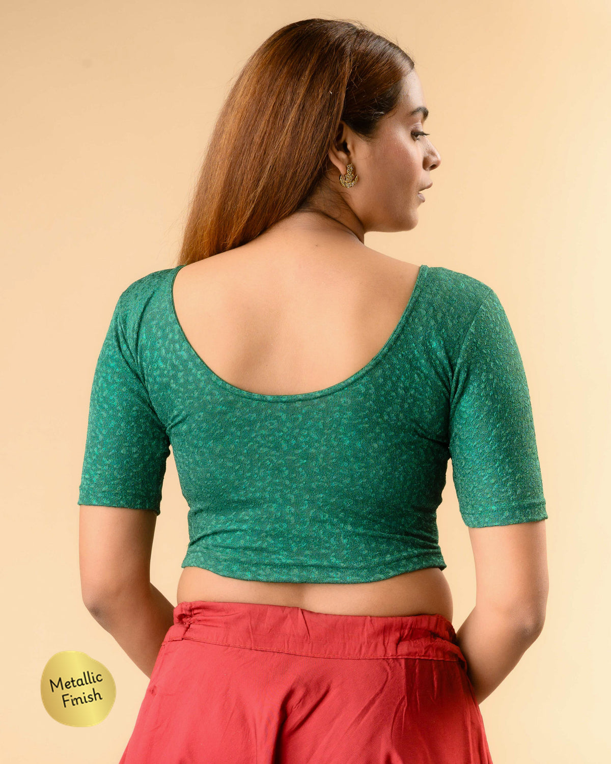 Uttara dark green metallic jacquard blouse showing deep round back by Advi - back