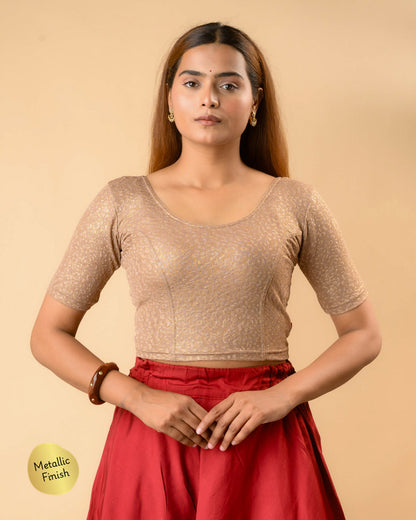 Uttara light brown metallic jacquard round neck blouse with elbow sleeves by Advi - front