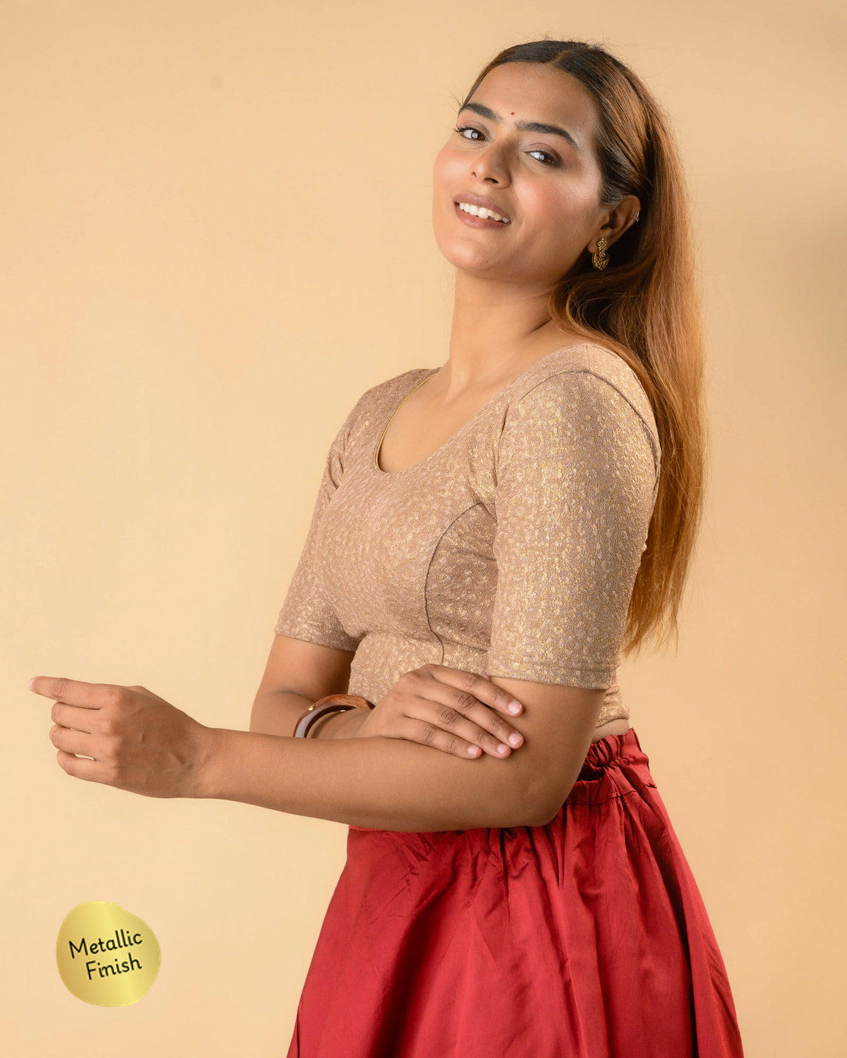 Uttara light brown metallic jacquard blouse side profile with elbow sleeve by Advi - side